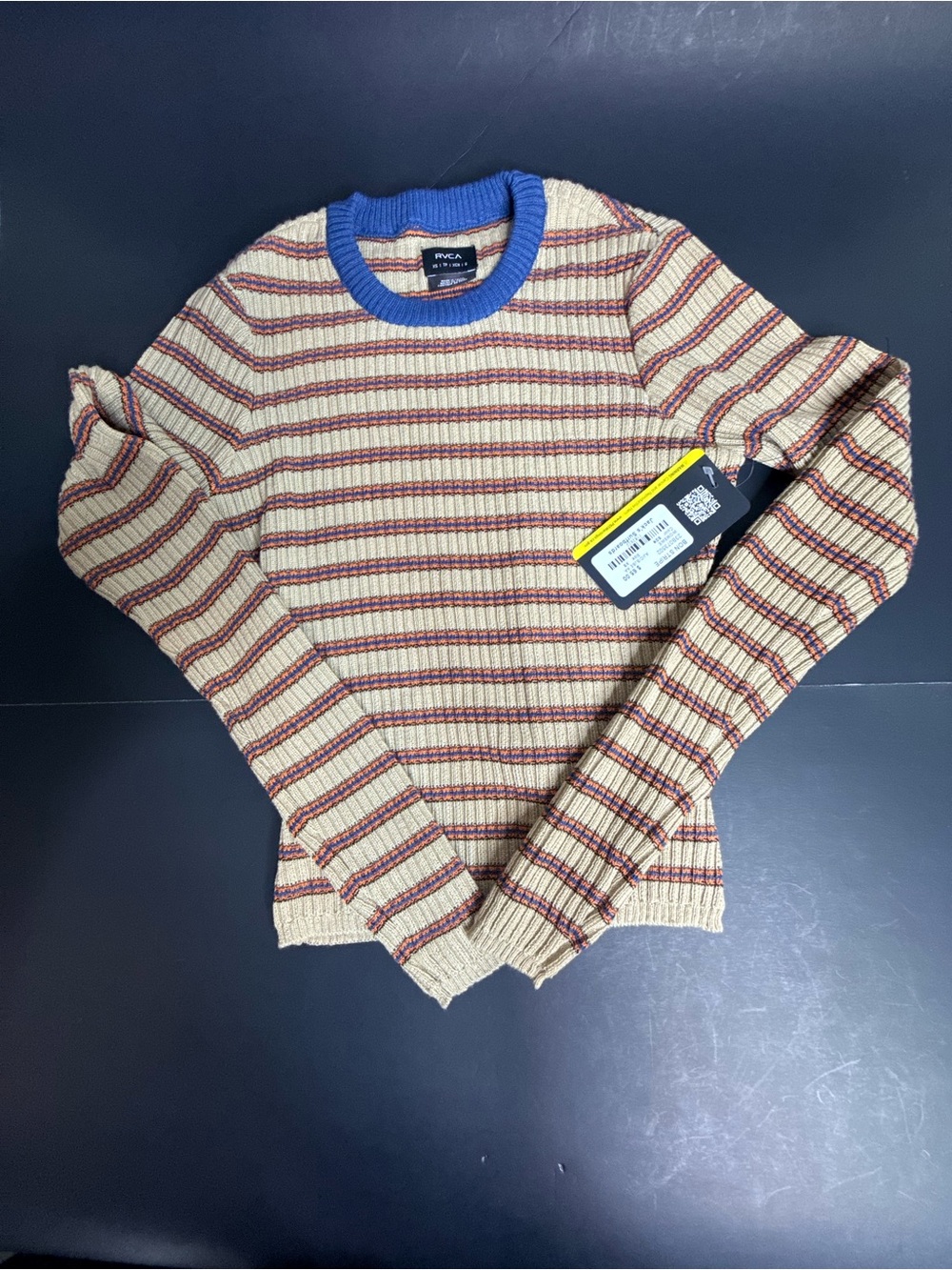 NWT RVCA Bon Stripe Women’s Sweater XS Tan Blue Orange Crewneck $65 preppy